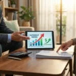 Conseiller financier et client discutant de taux d'intérêt et d'opportunités sur une tablette dans un bureau.