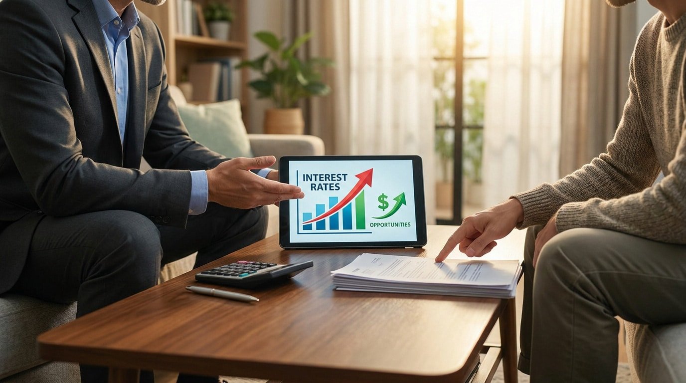 Conseiller financier et client discutant de taux d'intérêt et d'opportunités sur une tablette dans un bureau.