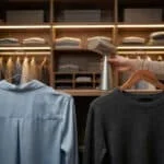 Une personne utilise un défroisseur vapeur sur un pull suspendu dans un dressing moderne bien organisé.