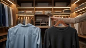 Une personne utilise un défroisseur vapeur sur un pull suspendu dans un dressing moderne bien organisé.