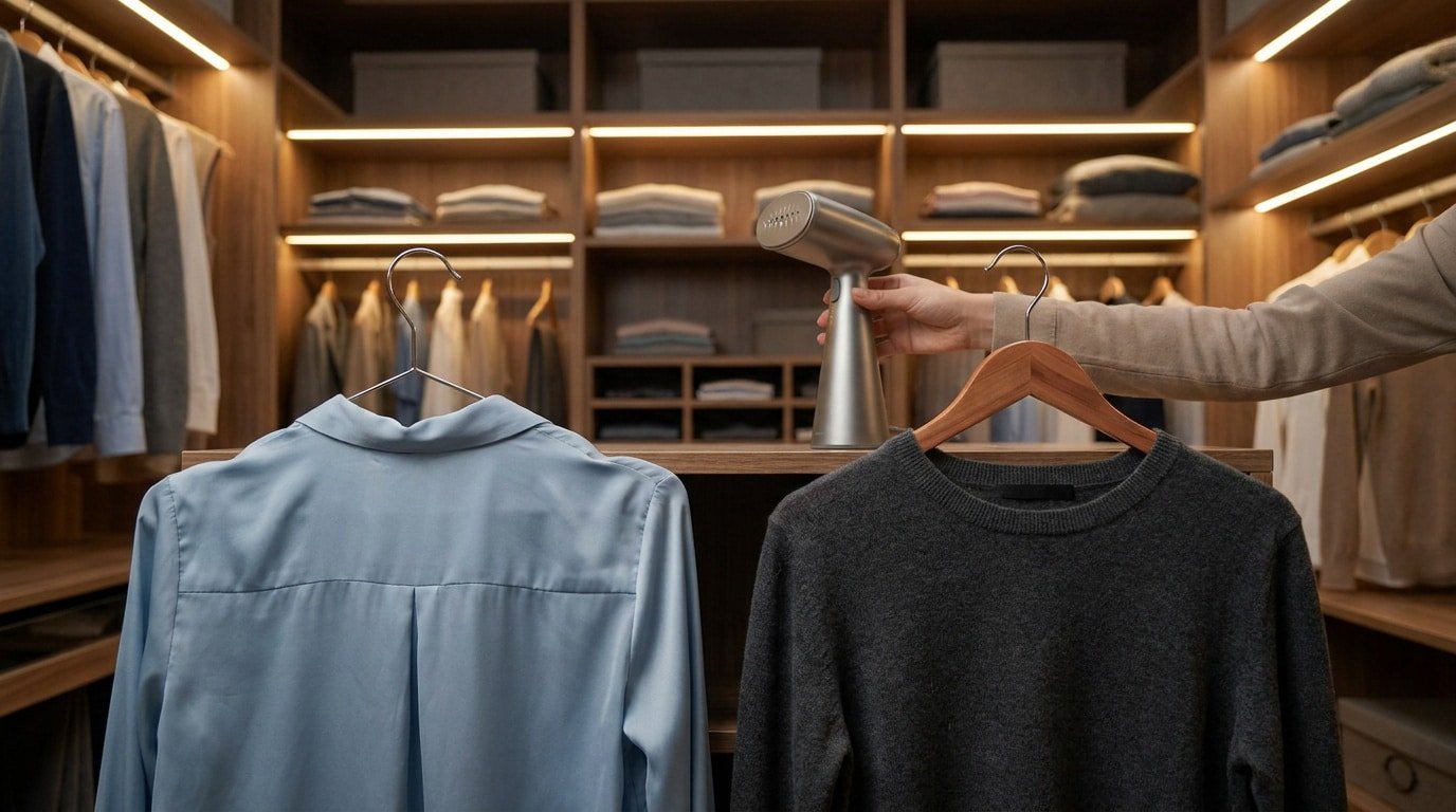 Une personne utilise un défroisseur vapeur sur un pull suspendu dans un dressing moderne bien organisé.
