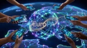 Mains tenant des smartphones autour d'une sphère lumineuse numérique affichant le logo EuroPA sur une carte de l'Europe.