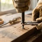 Mains gantées utilisant une pince étau pour extraire une vis coincée dans une planche en bois sur un établi.