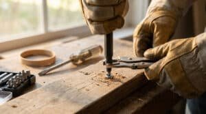 Mains gantées utilisant une pince étau pour extraire une vis coincée dans une planche en bois sur un établi.
