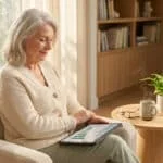 Une femme âgée souriante assise dans un fauteuil, consultant un graphique financier sur une tablette numérique.
