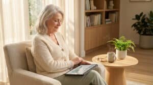 Une femme âgée souriante assise dans un fauteuil, consultant un graphique financier sur une tablette numérique.