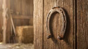 Un vieux fer à cheval rouillé est accroché, pointes vers le bas, sur une porte en bois vieilli dans une grange.