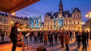 Un saxophoniste joue sur une place publique devant une foule, avec des graphiques financiers flottants en réalité augmentée.