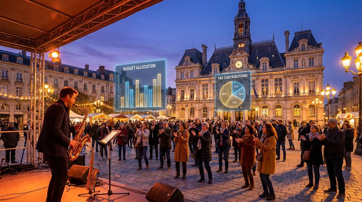 Un saxophoniste joue sur une place publique devant une foule, avec des graphiques financiers flottants en réalité augmentée.