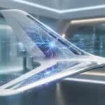 Un concept d'aile d'avion futuriste avec des réseaux neuronaux numériques lumineux superposés.