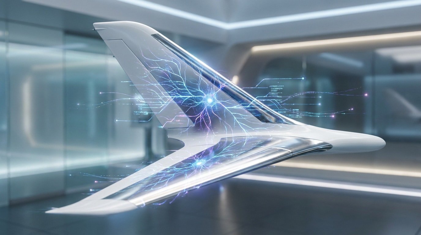 Un concept d'aile d'avion futuriste avec des réseaux neuronaux numériques lumineux superposés.
