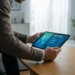 Un homme utilise une tablette numérique affichant une interface sécurisée de liste blanche pour les virements bancaires.