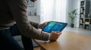 Un homme utilise une tablette numérique affichant une interface sécurisée de liste blanche pour les virements bancaires.