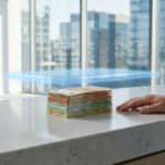 Une main d'homme en costume près d'une pile de billets d'euros sous une barrière lumineuse bleue symbolisant un plafond.