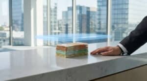Une main d'homme en costume près d'une pile de billets d'euros sous une barrière lumineuse bleue symbolisant un plafond.