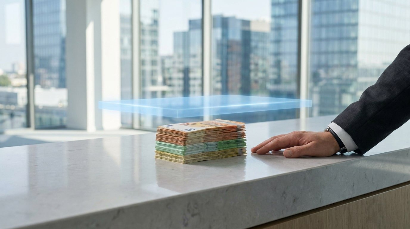 Une main d'homme en costume près d'une pile de billets d'euros sous une barrière lumineuse bleue symbolisant un plafond.