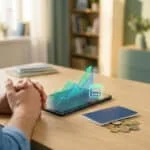 Un homme regarde un graphique holographique de croissance financière sur une tablette avec un calendrier d'août 2026.