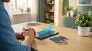 Un homme regarde un graphique holographique de croissance financière sur une tablette avec un calendrier d'août 2026.