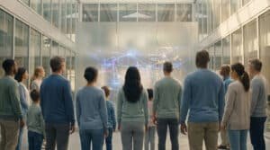 Un groupe diversifié de personnes observe une interface numérique lumineuse représentant un réseau complexe.