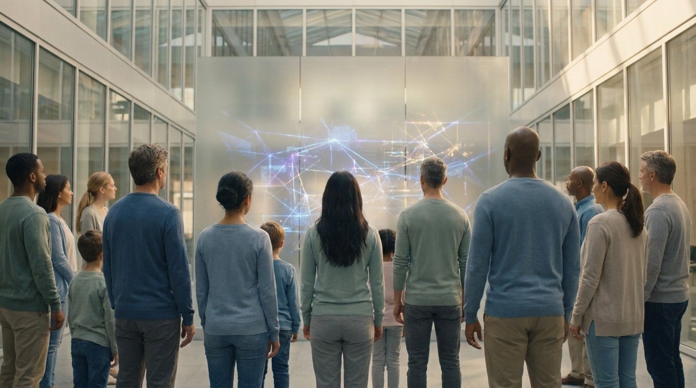 Un groupe diversifié de personnes observe une interface numérique lumineuse représentant un réseau complexe.
