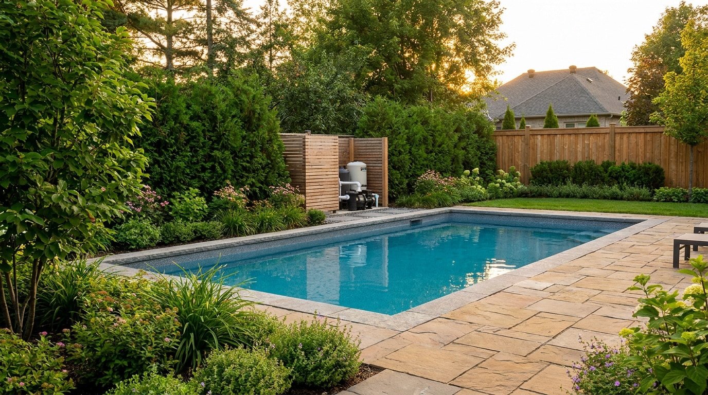 Une piscine moderne avec une pompe dissimulée derrière un écran en bois élégant dans un jardin arboré.