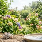 Un rouge-gorge et une mésange bleue près d'une mangeoire et de restes de pain dans un jardin ensoleillé.