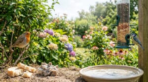 Un rouge-gorge et une mésange bleue près d'une mangeoire et de restes de pain dans un jardin ensoleillé.