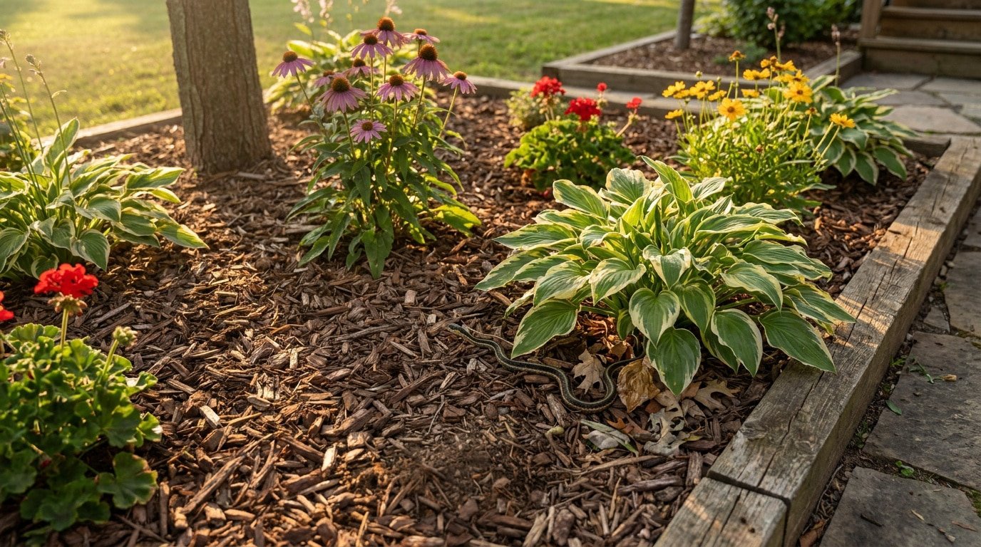 Un serpent glisse entre les hostas et le paillis de bois dans un massif de jardin ensoleillé.