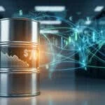 Un baril de pétrole métallique avec un graphique financier devant une carte du monde numérique dans un centre de données.