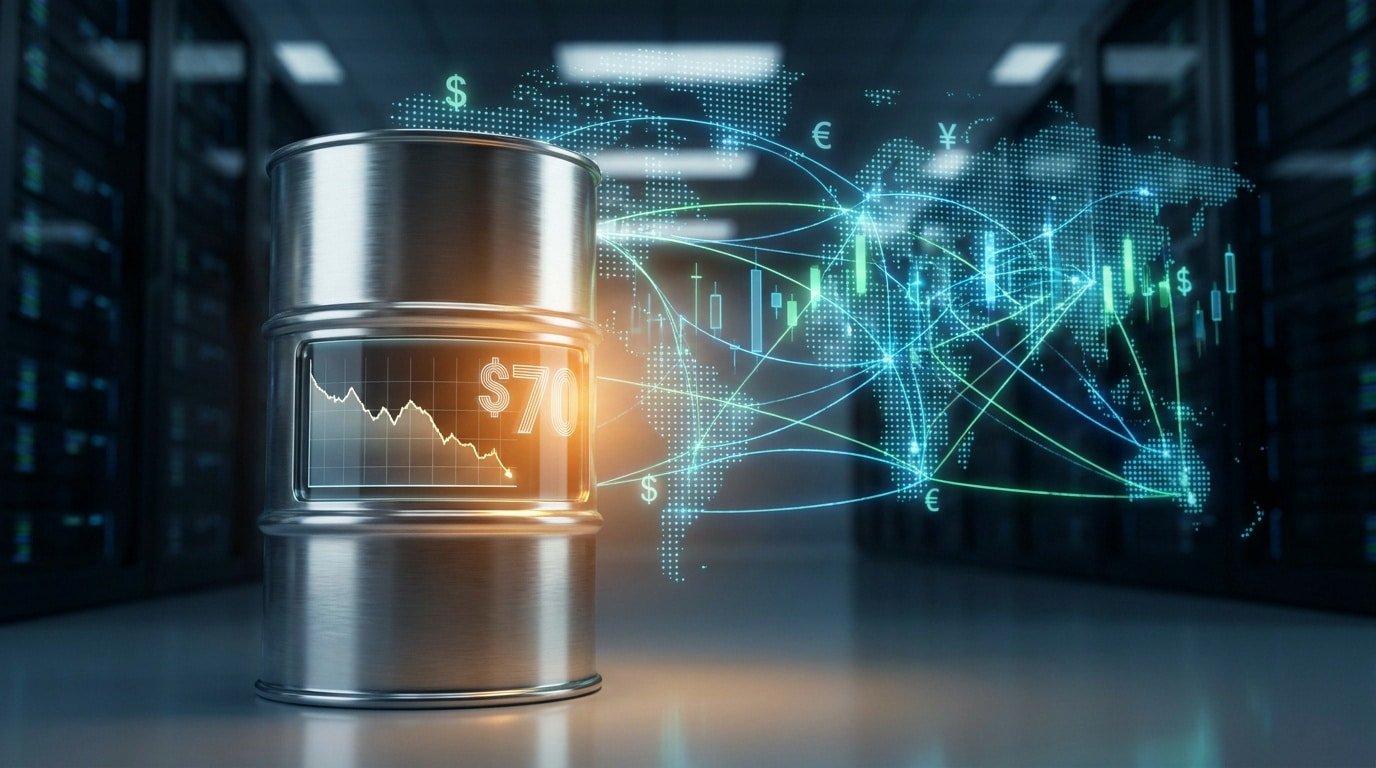 Un baril de pétrole métallique avec un graphique financier devant une carte du monde numérique dans un centre de données.