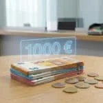 Pile de billets et pièces en euros sur une table en bois avec un affichage holographique du montant de 1000 euros.