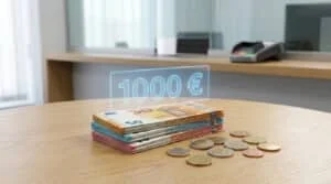 Pile de billets et pièces en euros sur une table en bois avec un affichage holographique du montant de 1000 euros.