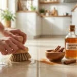 Mains utilisant une brosse en bois pour nettoyer un sol carrelé avec une solution à la cannelle dans une cuisine.