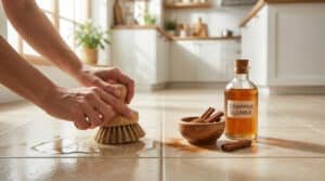 Mains utilisant une brosse en bois pour nettoyer un sol carrelé avec une solution à la cannelle dans une cuisine.
