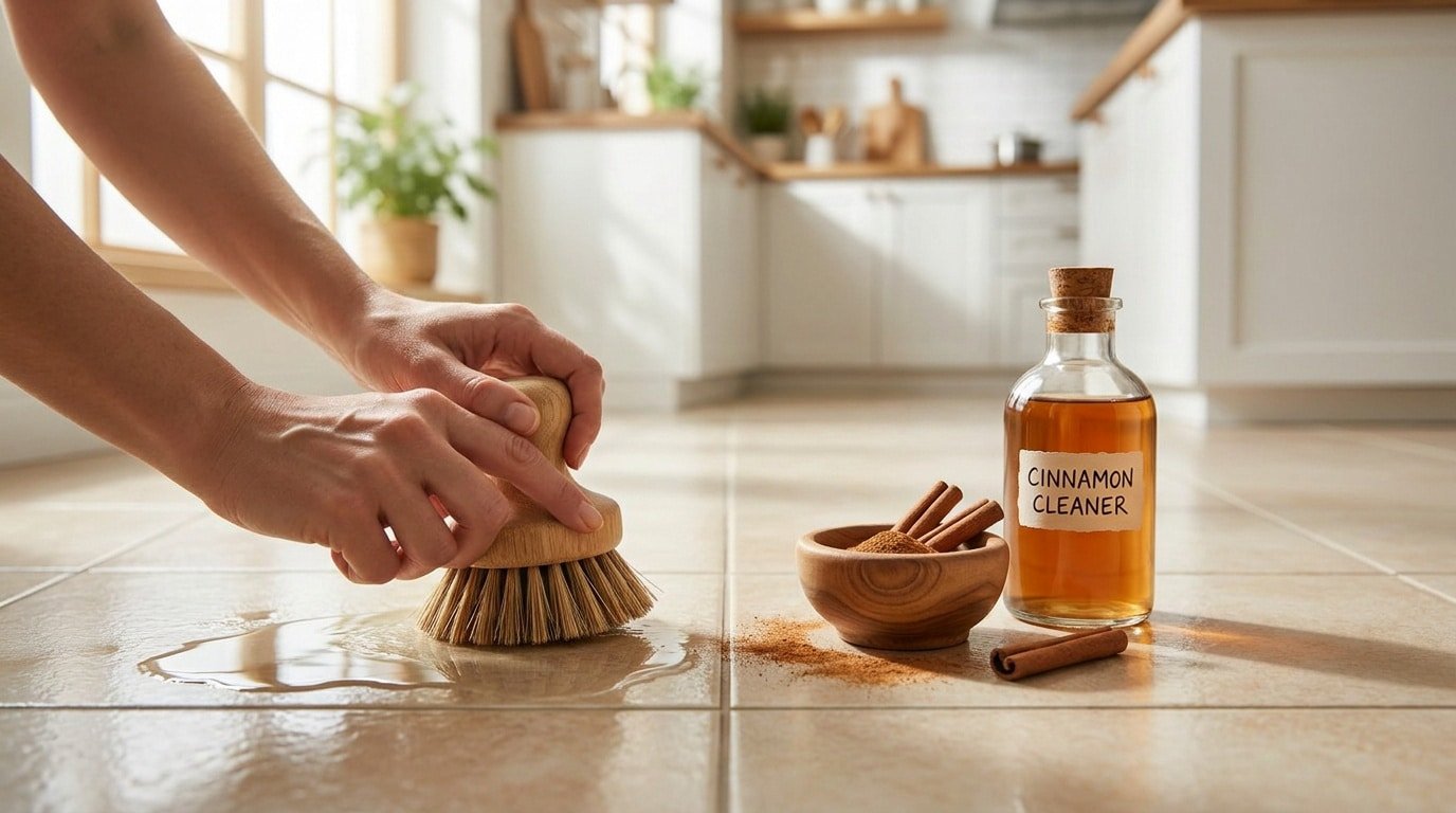 Mains utilisant une brosse en bois pour nettoyer un sol carrelé avec une solution à la cannelle dans une cuisine.