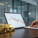 Tablette affichant un graphique financier avec des lingots d'or sur un bureau et une main d'investisseur.