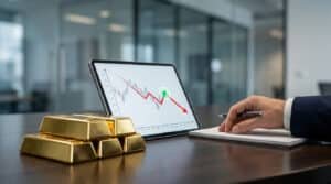 Tablette affichant un graphique financier avec des lingots d'or sur un bureau et une main d'investisseur.