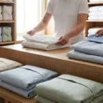 Deux personnes plient soigneusement du linge de lit en lin de couleurs pastel sur une table en bois.
