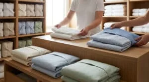 Deux personnes plient soigneusement du linge de lit en lin de couleurs pastel sur une table en bois.