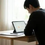 Un homme consulte un calendrier sur sa tablette pour planifier ses démarches administratives liées à sa retraite.