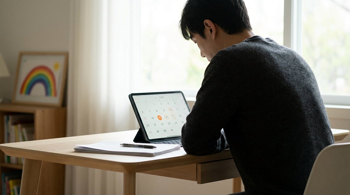 Un homme consulte un calendrier sur sa tablette pour planifier ses démarches administratives liées à sa retraite.