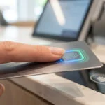 Une personne pose son doigt sur le capteur d'empreinte digitale d'une carte bancaire pour valider un paiement.