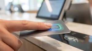 Une personne pose son doigt sur le capteur d'empreinte digitale d'une carte bancaire pour valider un paiement.