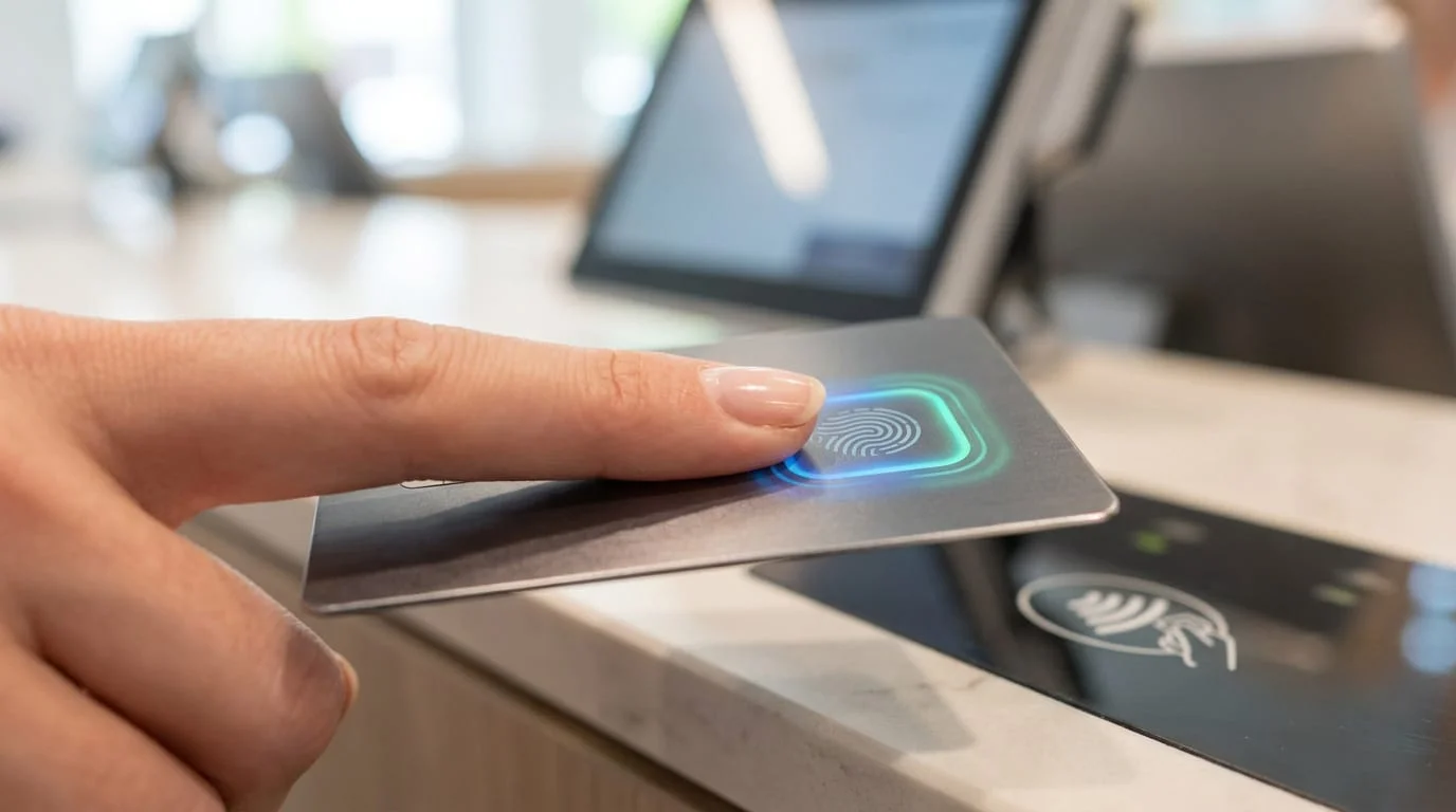 Une personne pose son doigt sur le capteur d'empreinte digitale d'une carte bancaire pour valider un paiement.