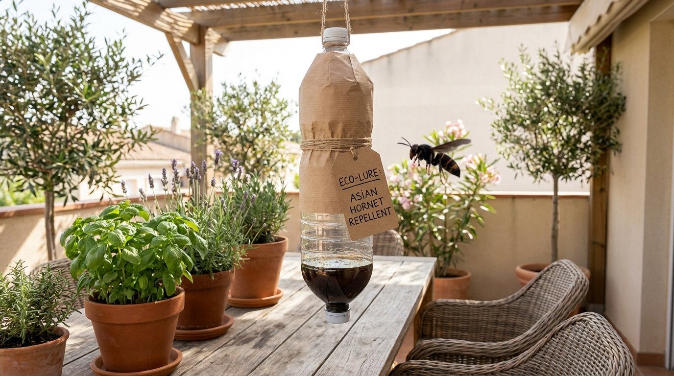 Bouteille en plastique suspendue avec une étiquette "Eco-lure" pour repousser les frelons sur une terrasse.