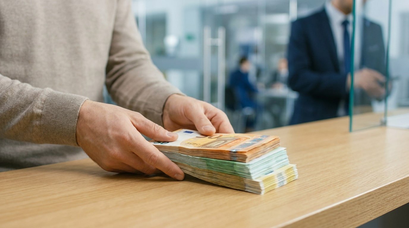 Mains déposant une épaisse liasse de billets en euros sur un comptoir bancaire dans une agence.