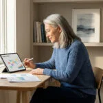 Femme aux cheveux gris travaillant sur une tablette numérique affichant un calendrier dans un bureau lumineux.