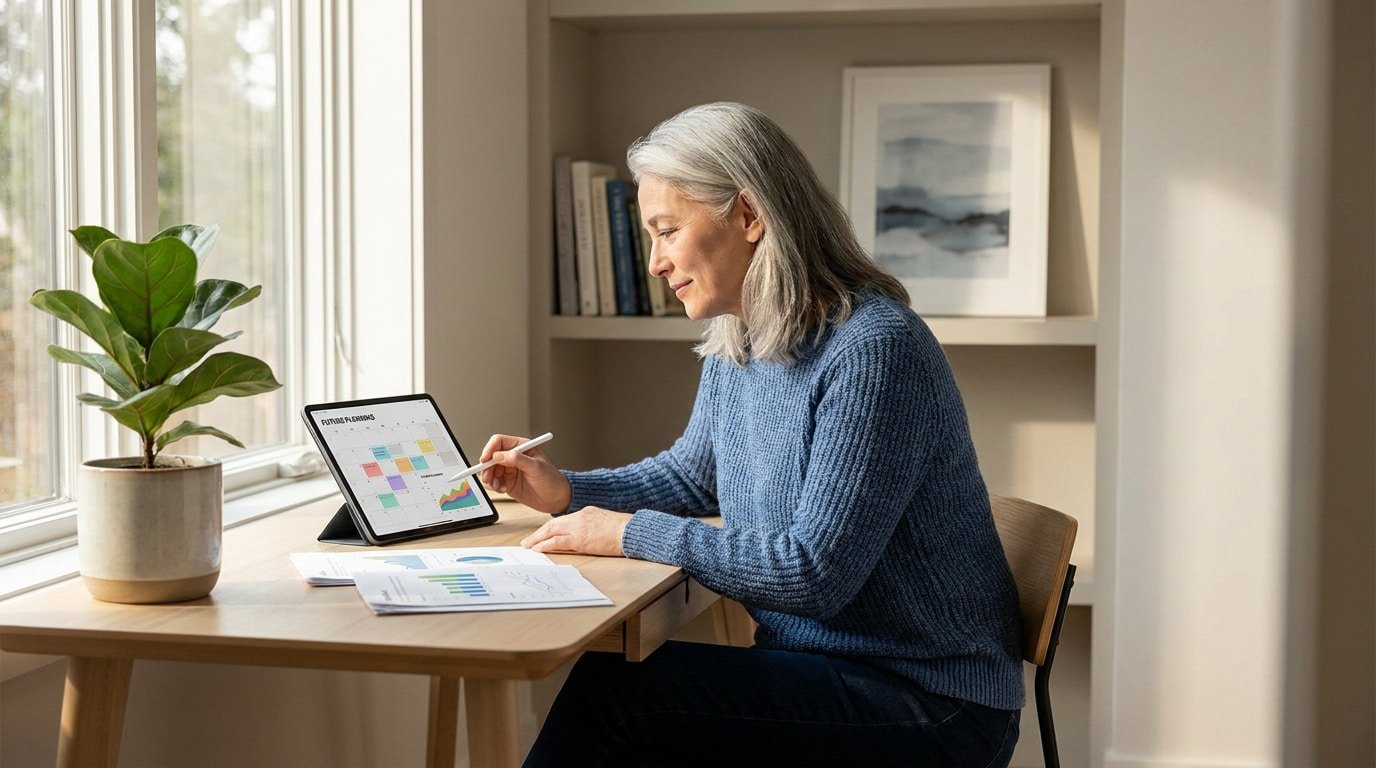 Femme aux cheveux gris travaillant sur une tablette numérique affichant un calendrier dans un bureau lumineux.