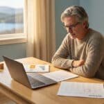 Un homme mûr travaille à son bureau devant un ordinateur et un calendrier, préoccupé par sa retraite.