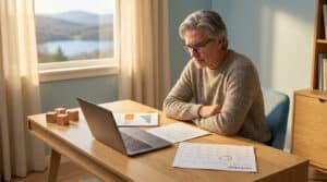 Un homme mûr travaille à son bureau devant un ordinateur et un calendrier, préoccupé par sa retraite.
